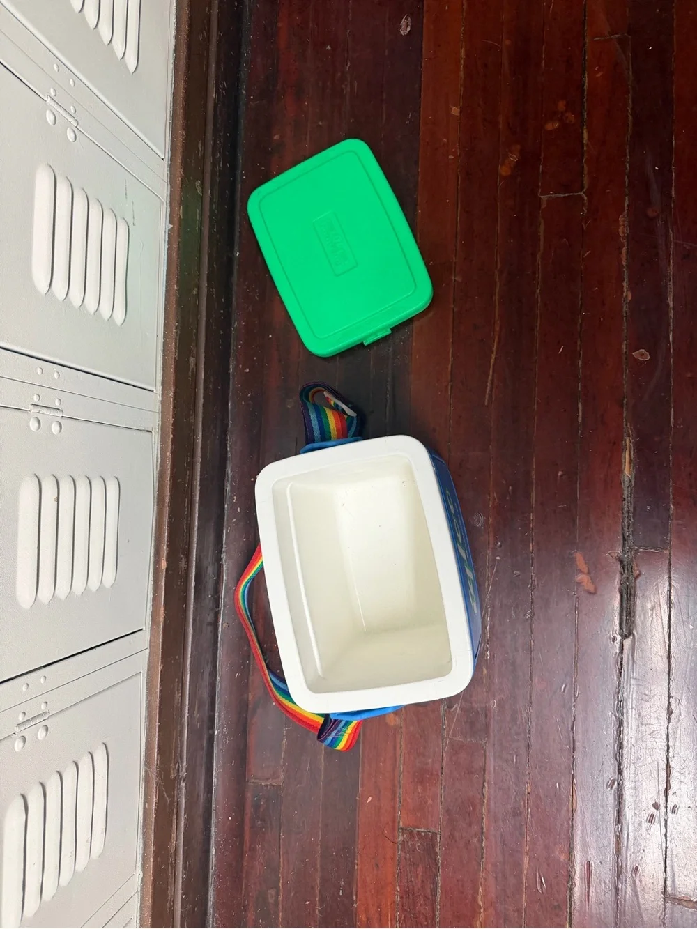Vintage Igloo tag along 10 Blue Cooler with Green Lid and Rainbow Strap